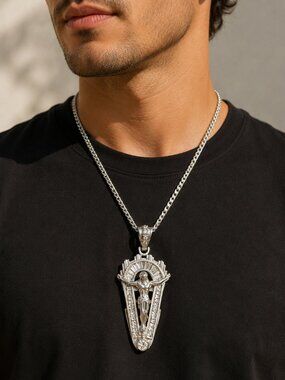 Vintage Large 925 Sterling Silver Jesus Crucifix Cross Pendant CZ Baguette